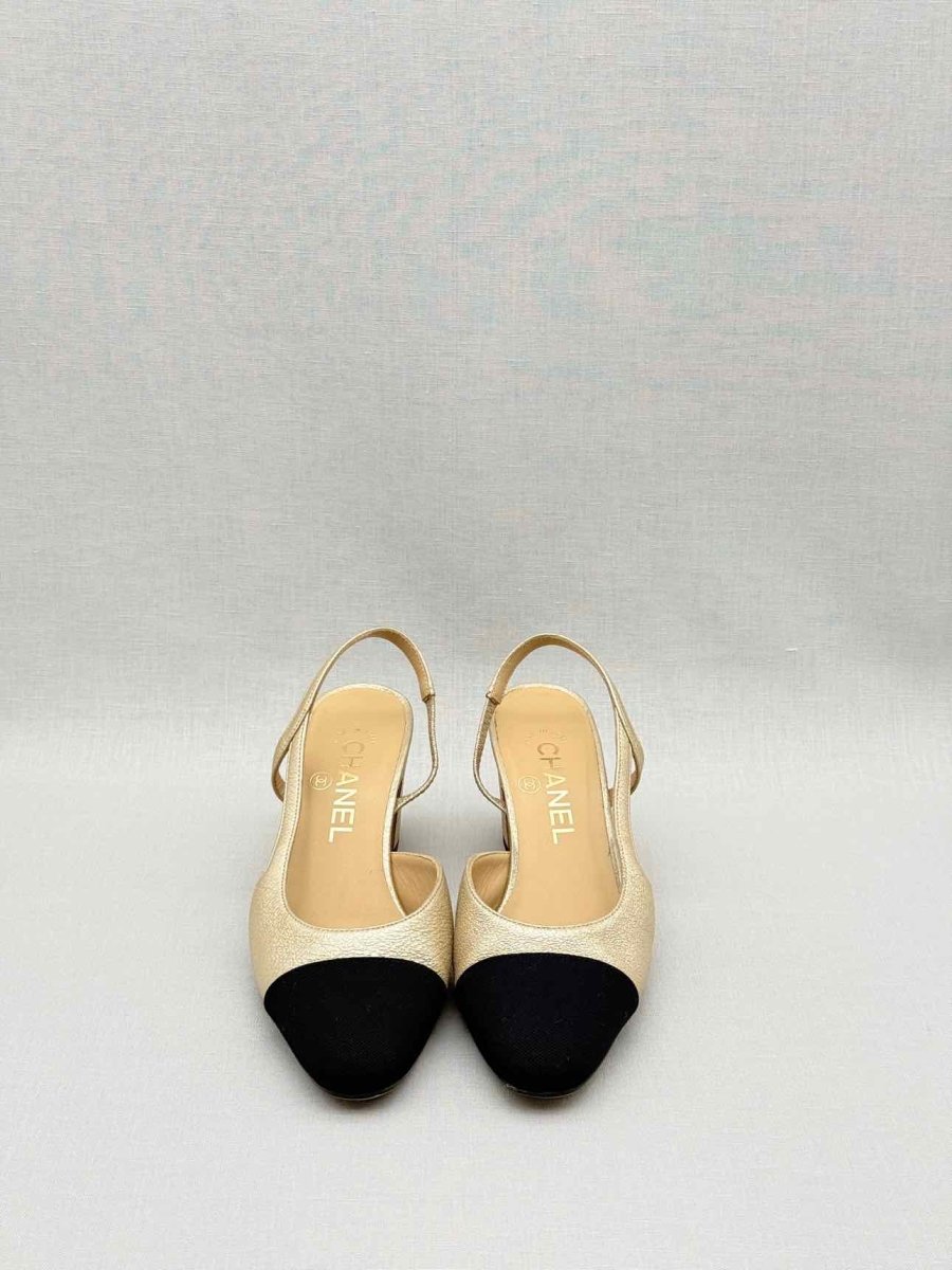 Pre - loved CHANEL Metallic Gold & Black Size EU 35.5 Slingbacks at Reems Closet