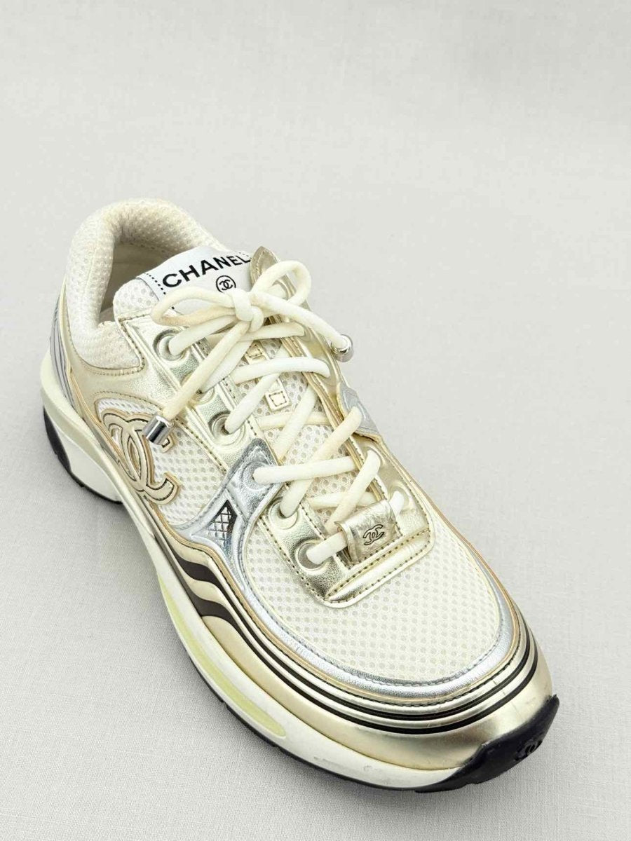 Pre - loved CHANEL Metallic Silver & Gold Size EU 35.5 Sneakers at Reems Closet