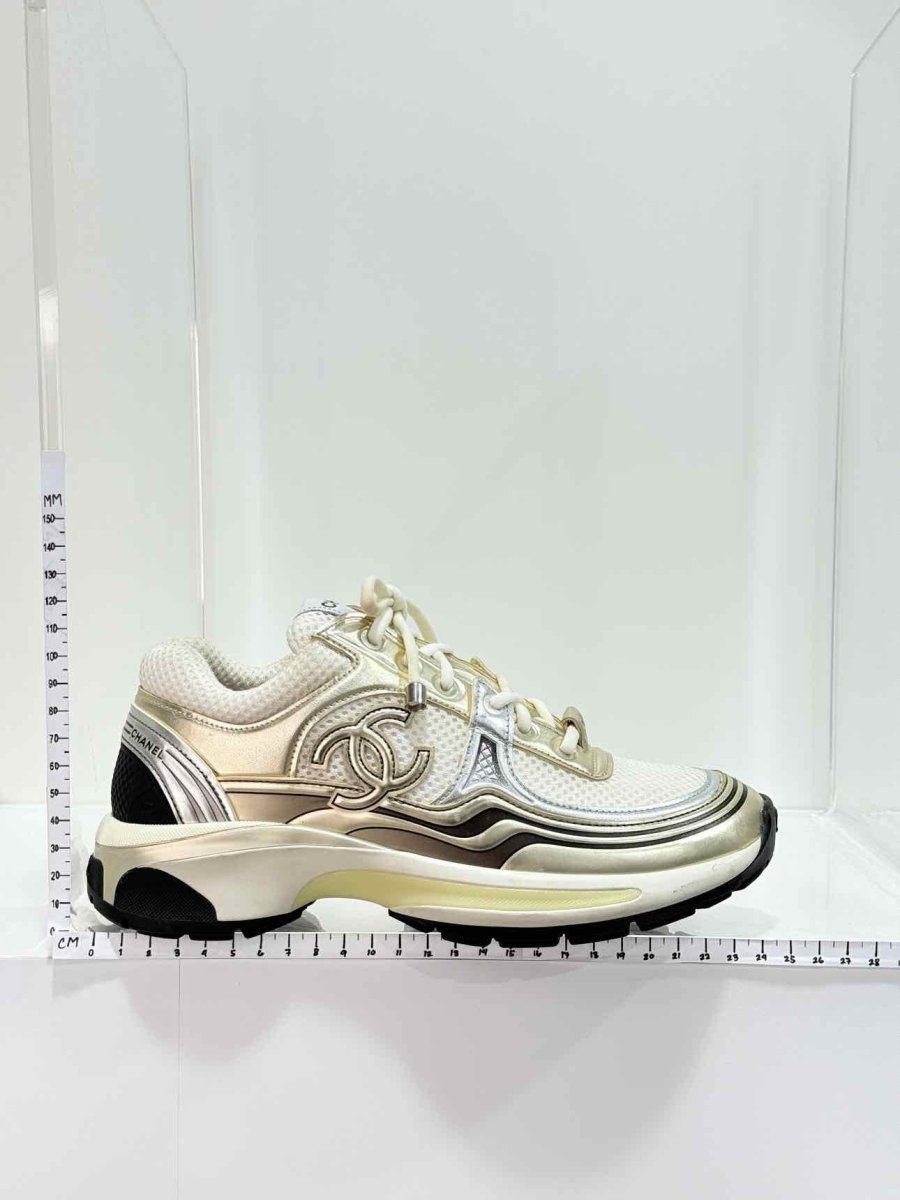 Pre - loved CHANEL Metallic Silver & Gold Size EU 35.5 Sneakers at Reems Closet
