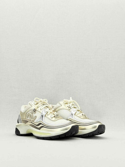 Pre - loved CHANEL Metallic Silver & Gold Size EU 35.5 Sneakers at Reems Closet