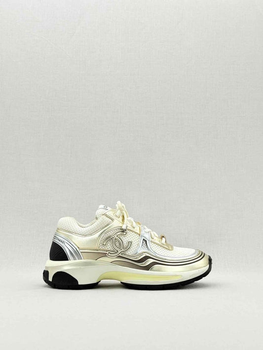 Pre - loved CHANEL Metallic Silver & Gold Size EU 35.5 Sneakers at Reems Closet