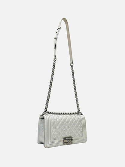 Pre - loved CHANEL New Boy Flap Silver Perforated Shoulder Bag at Reems Closet