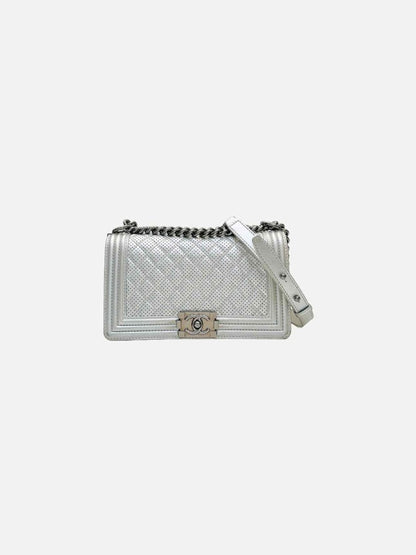 Pre - loved CHANEL New Boy Flap Silver Perforated Shoulder Bag at Reems Closet