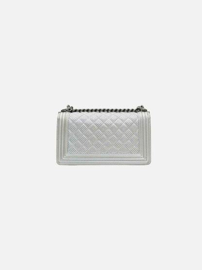 Pre - loved CHANEL New Boy Flap Silver Perforated Shoulder Bag at Reems Closet