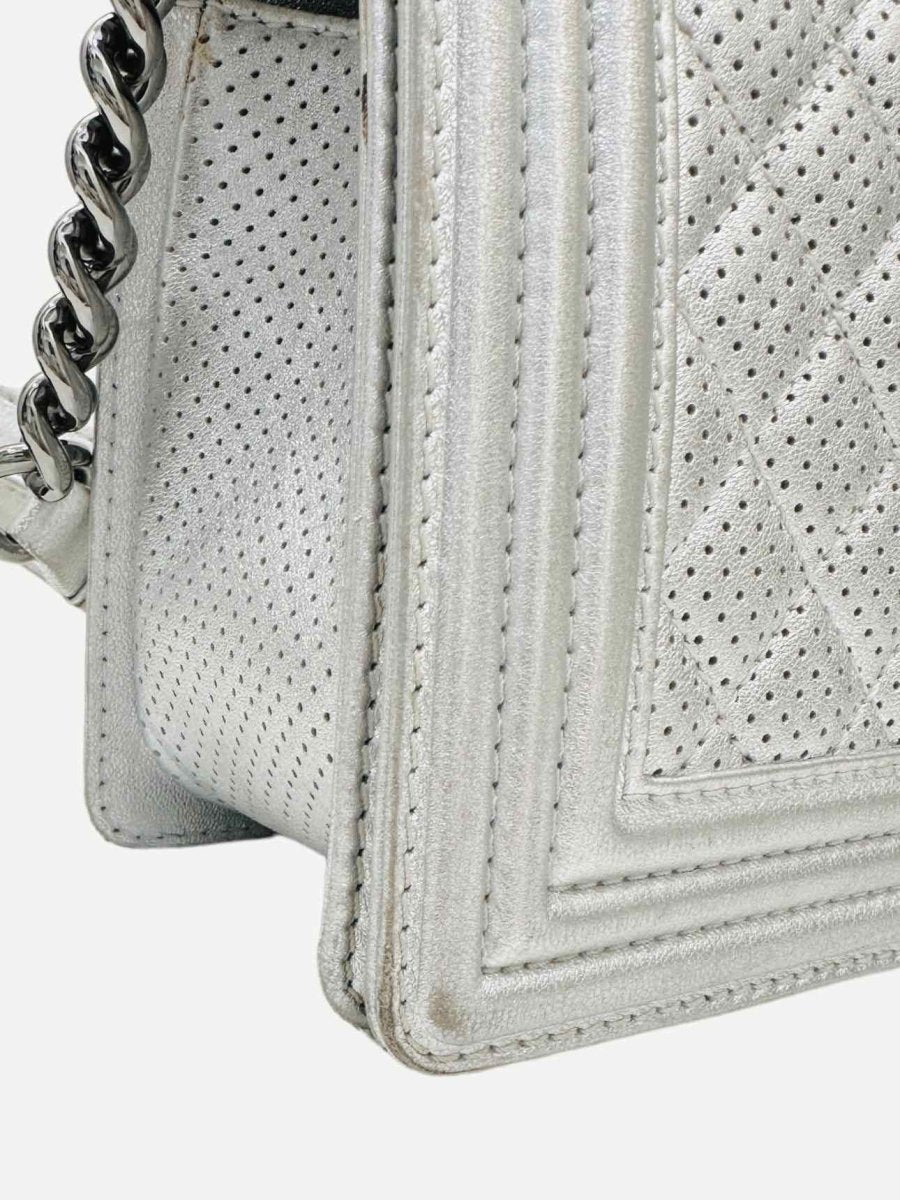 Pre - loved CHANEL New Boy Flap Silver Perforated Shoulder Bag at Reems Closet