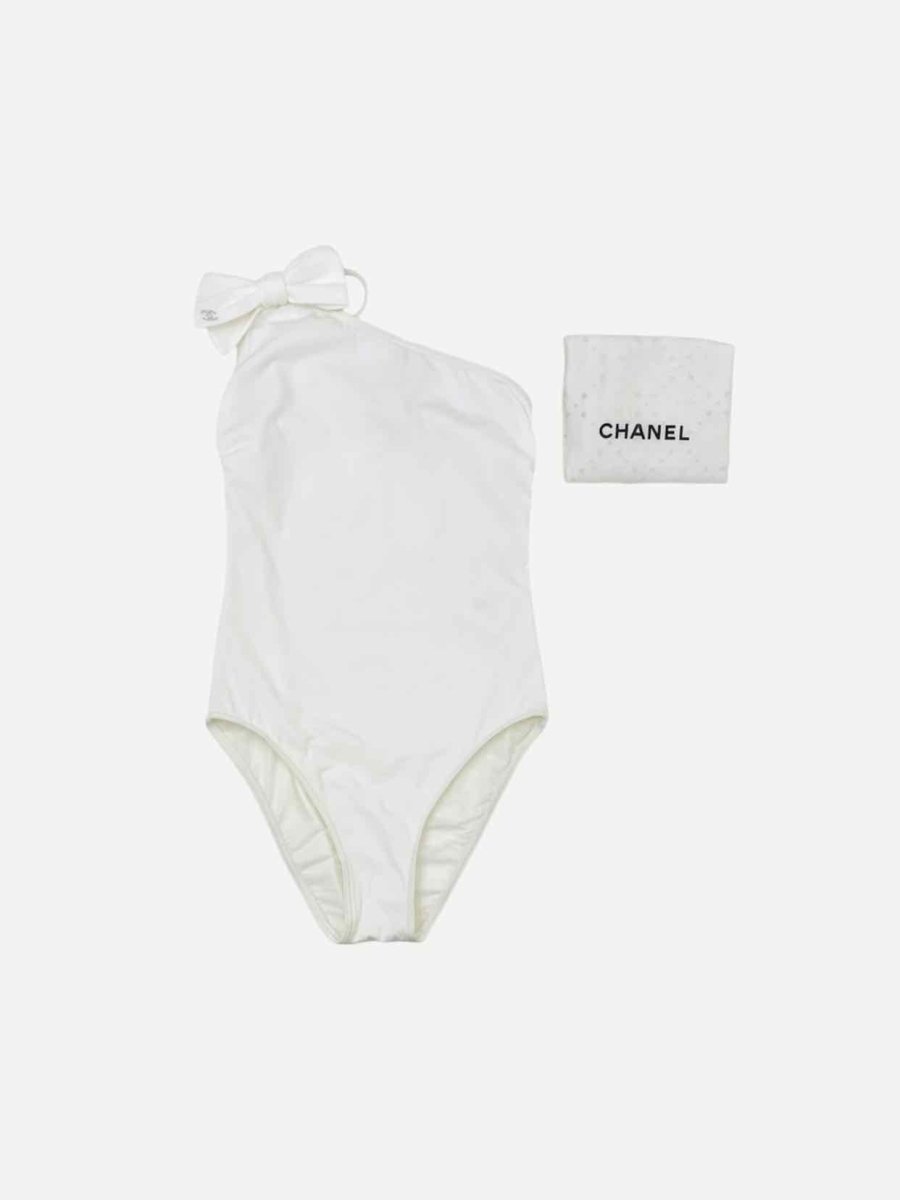 Pre - loved CHANEL One Shoulder White One Piece Swimsuit at Reems Closet