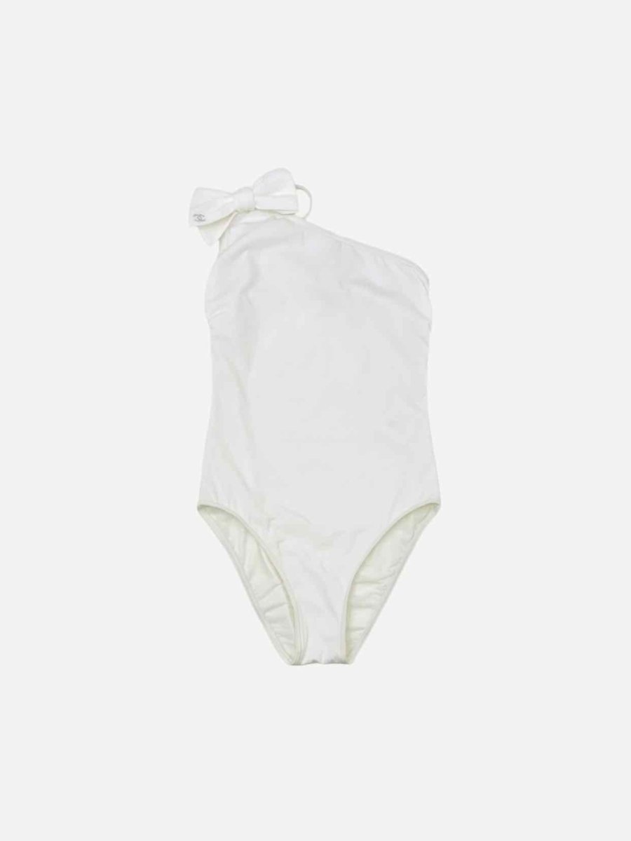 Pre - loved CHANEL One Shoulder White One Piece Swimsuit at Reems Closet