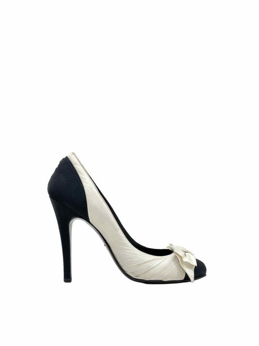 Pre-loved CHANEL Open Toe Black & White Pumps from Reems Closet