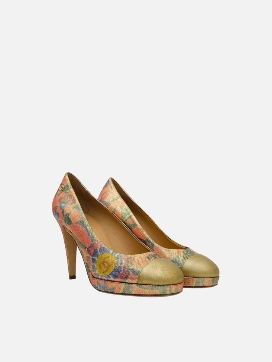 Pre - loved CHANEL Paris - Dubai Gold Multicolor Cap Toe Pumps at Reems Closet