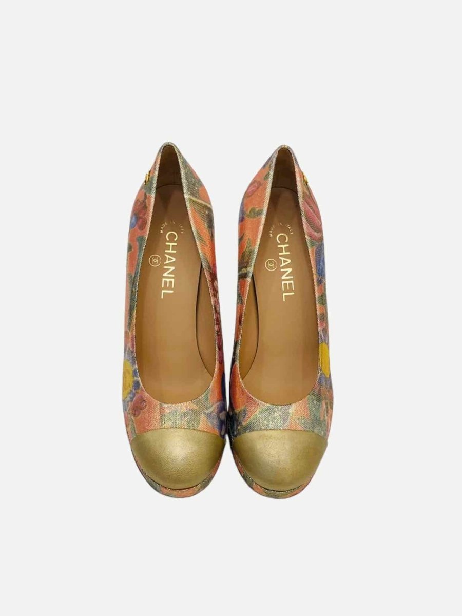 Pre - loved CHANEL Paris - Dubai Gold Multicolor Cap Toe Pumps at Reems Closet