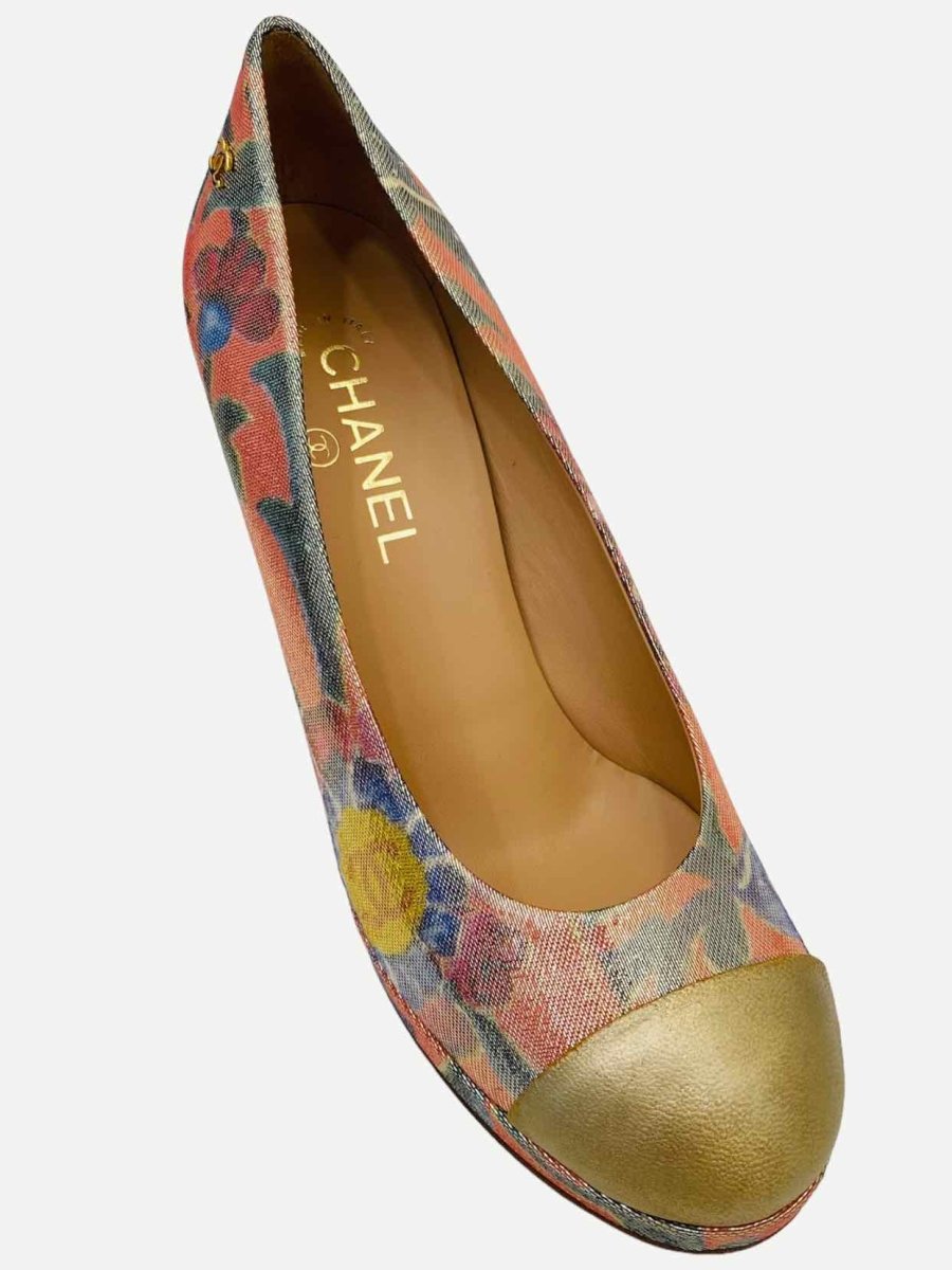 Pre - loved CHANEL Paris - Dubai Gold Multicolor Cap Toe Pumps at Reems Closet