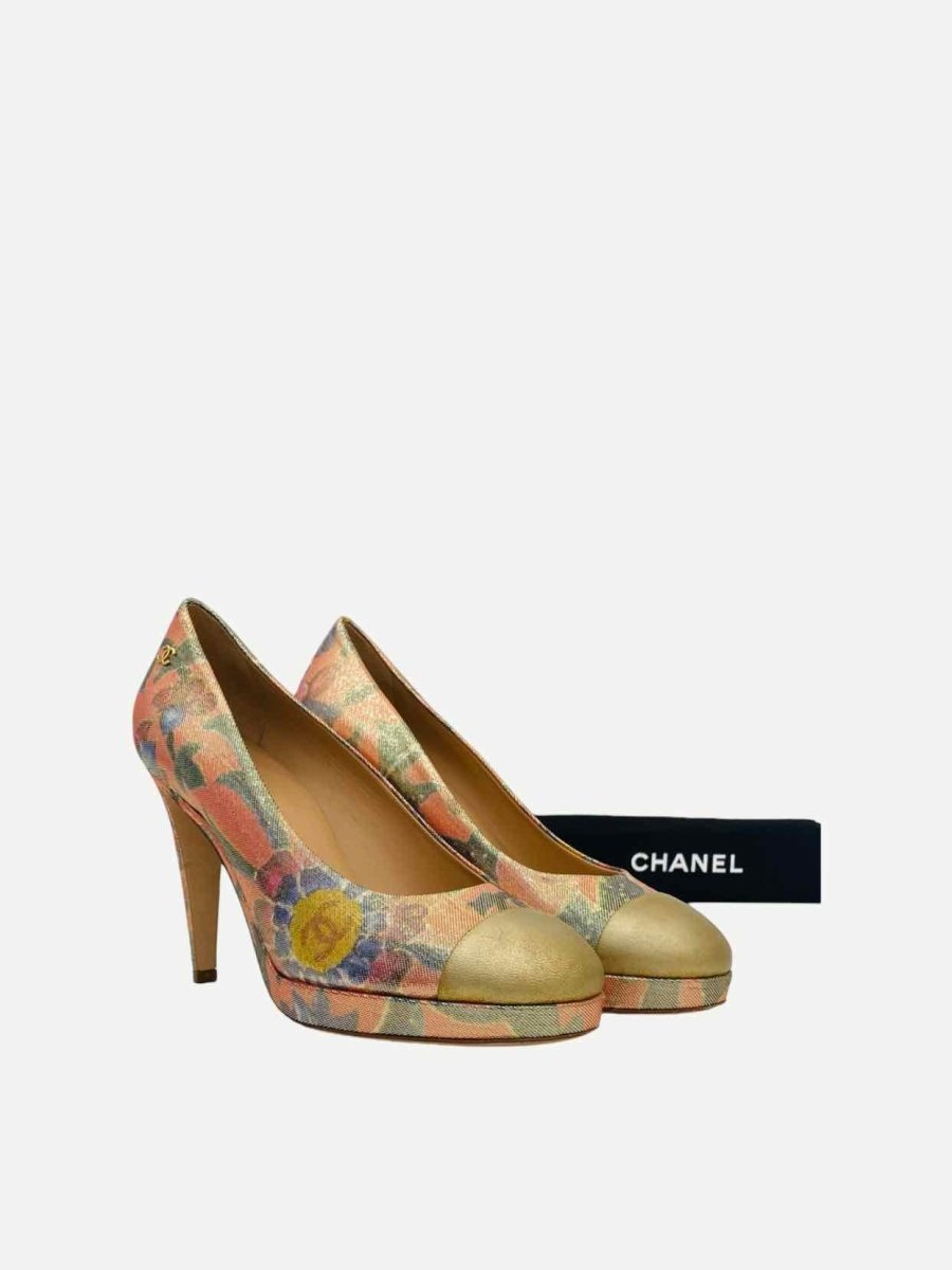 Pre - loved CHANEL Paris - Dubai Gold Multicolor Cap Toe Pumps at Reems Closet