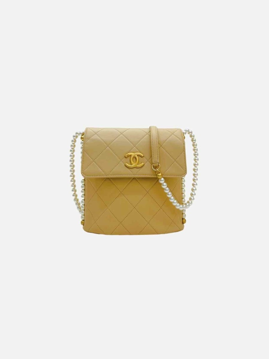 Pre - loved CHANEL Pearl Chain Flap Beige Quilted Crossbody at Reems Closet