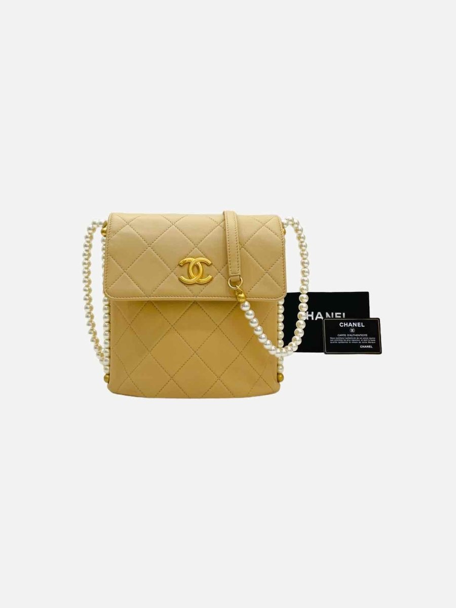 Pre - loved CHANEL Pearl Chain Flap Beige Quilted Crossbody at Reems Closet