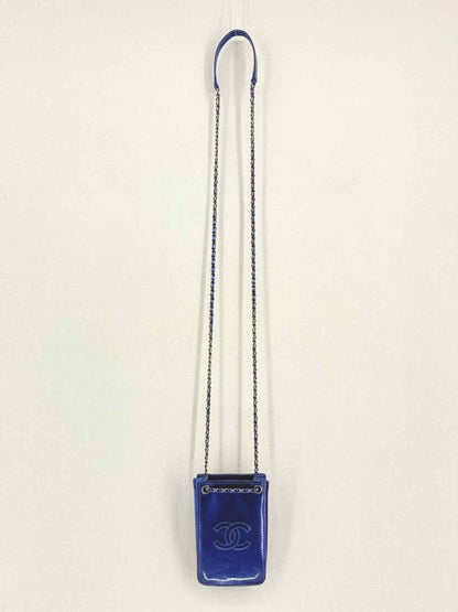Pre - loved CHANEL Phone Holder Electric Blue Crossbody at Reems Closet