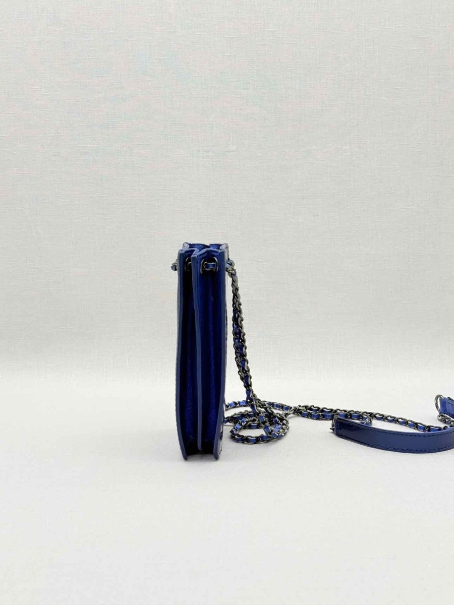 Pre - loved CHANEL Phone Holder Electric Blue Crossbody at Reems Closet