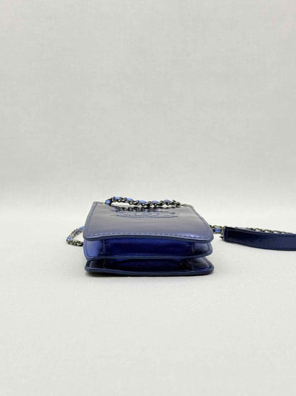 Pre - loved CHANEL Phone Holder Electric Blue Crossbody at Reems Closet