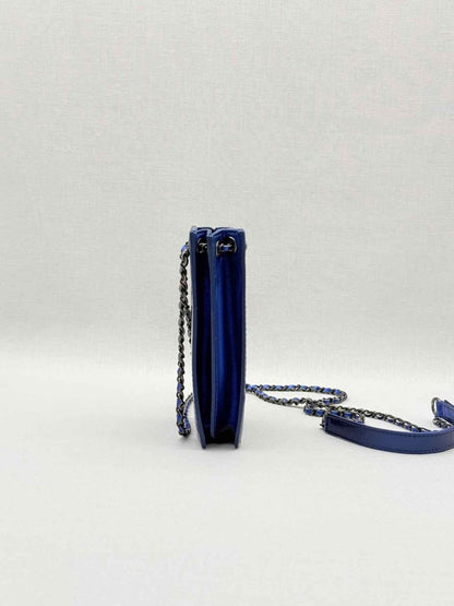 Pre - loved CHANEL Phone Holder Electric Blue Crossbody at Reems Closet