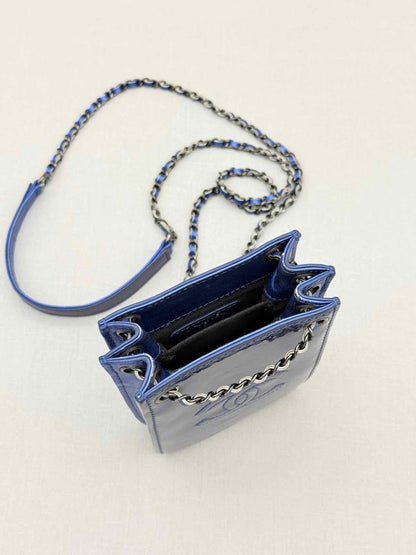 Pre - loved CHANEL Phone Holder Electric Blue Crossbody at Reems Closet