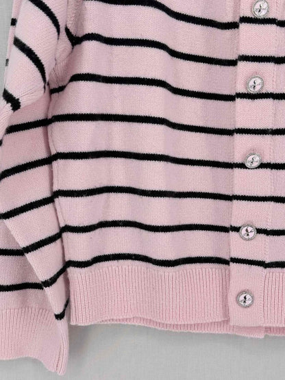 Pre-loved CHANEL Pink & Black Striped Size US 8 Cardigan at Reems Closet