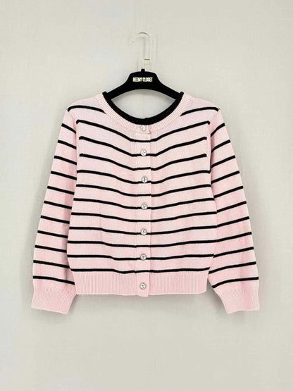 Pre-loved CHANEL Pink & Black Striped Size US 8 Cardigan at Reems Closet
