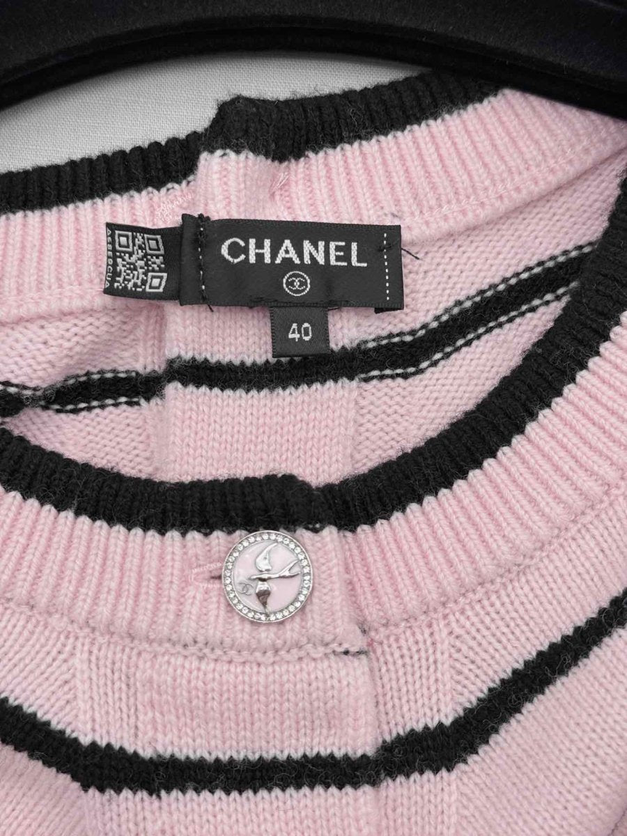 Pre-loved CHANEL Pink & Black Striped Size US 8 Cardigan at Reems Closet