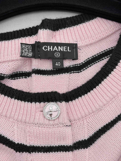 Pre-loved CHANEL Pink & Black Striped Size US 8 Cardigan at Reems Closet
