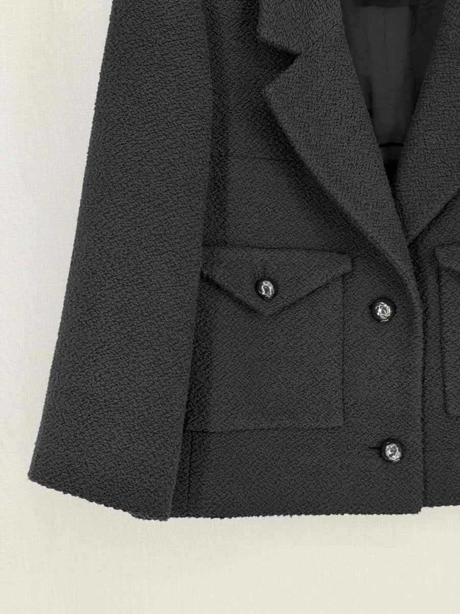 Pre - loved CHANEL Short Boxy Tweed Black Size US 8 Jacket at Reems Closet