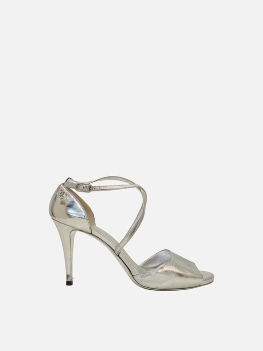 Pre - loved CHANEL Strappy Metallic Silver Heeled Sandals at Reems Closet