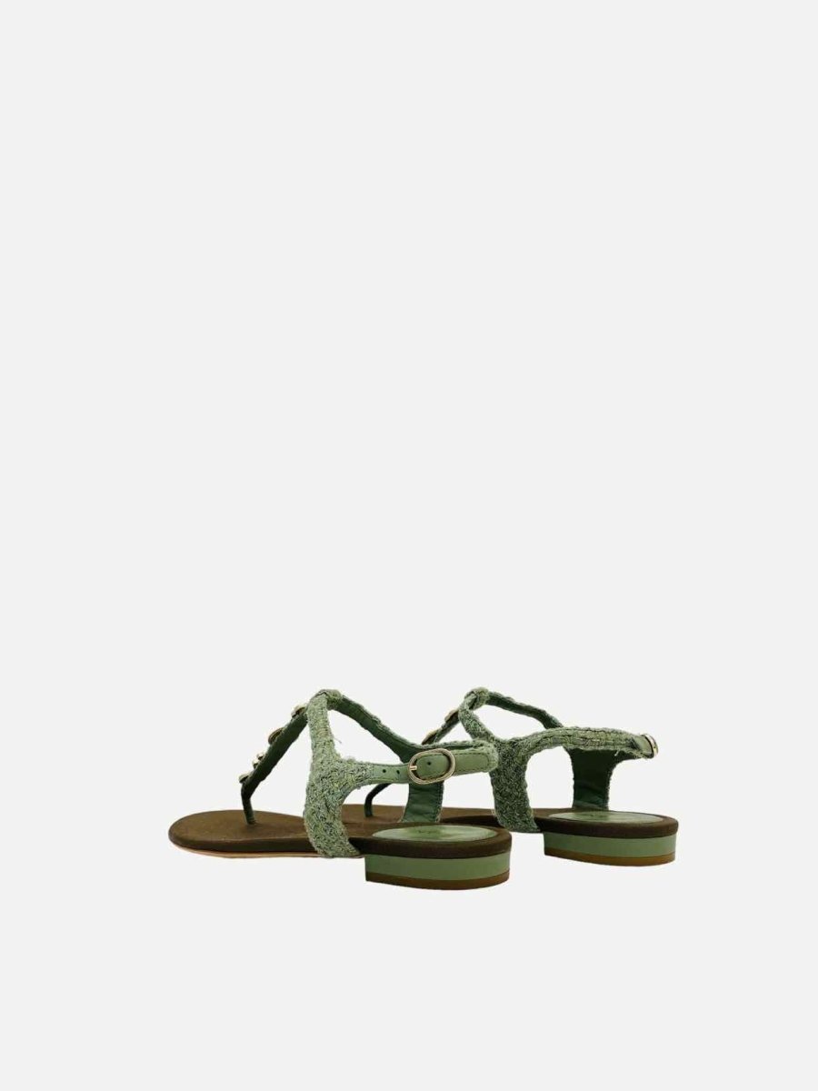 Pre-loved CHANEL T-strap Thong Green Embellished Tweed Sandals from Reems Closet