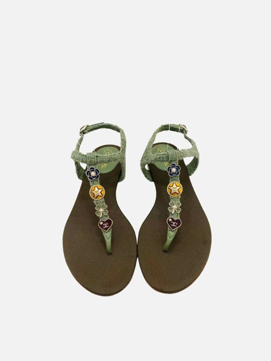 Pre-loved CHANEL T-strap Thong Green Embellished Tweed Sandals from Reems Closet