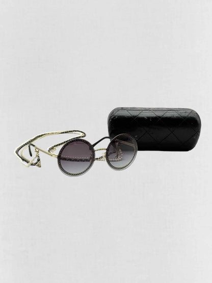 Pre - loved CHANEL Trio of Chains Black Sunglasses at Reems Closet