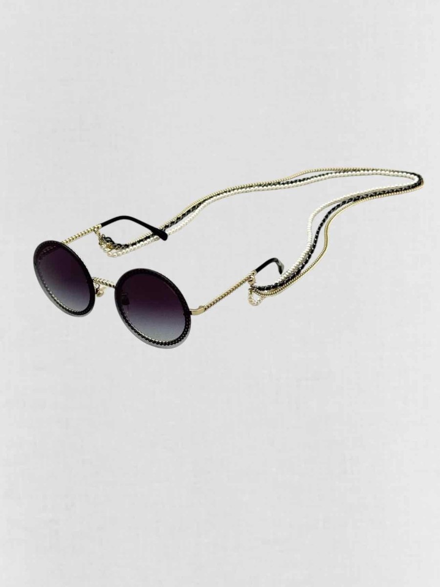 Pre - loved CHANEL Trio of Chains Black Sunglasses at Reems Closet