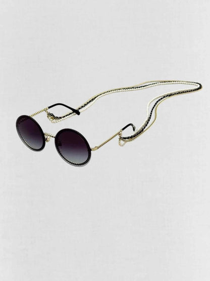 Pre - loved CHANEL Trio of Chains Black Sunglasses at Reems Closet