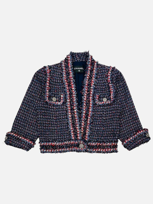 Pre - loved CHANEL Tweed Blue, Red & White Crop Sleeve Jacket at Reems Closet