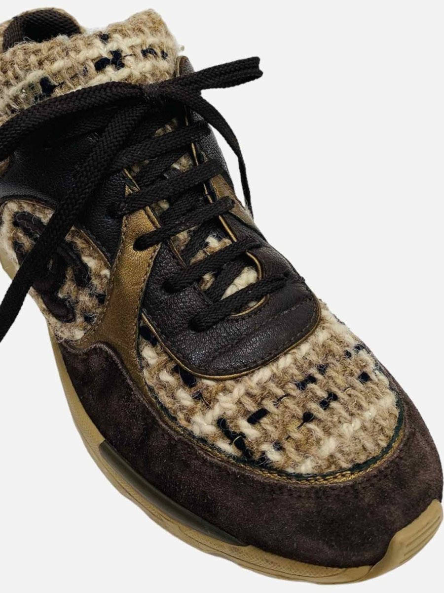 Pre - loved CHANEL Tweed Brown CC Logo Sneakers at Reems Closet