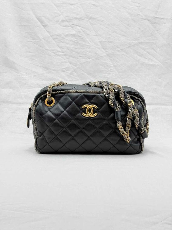 Pre - loved CHANEL Tweedy Bowler Black Quilted Shoulder Bag at Reems Closet