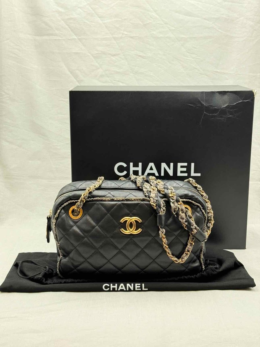 Pre - loved CHANEL Tweedy Bowler Black Quilted Shoulder Bag at Reems Closet