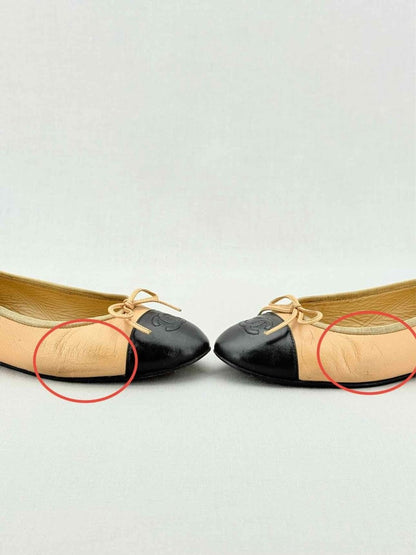 Pre - loved CHANEL Two Tone Beige & Black Size EU 36.5 Ballet Flats at Reems Closet