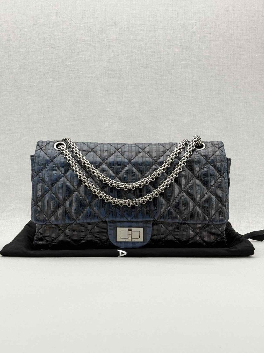 Pre - loved CHANEL Vintage 2.55 Size Maxi Quilted Midnight Blue Leather Shoulder Bag at Reems Closet