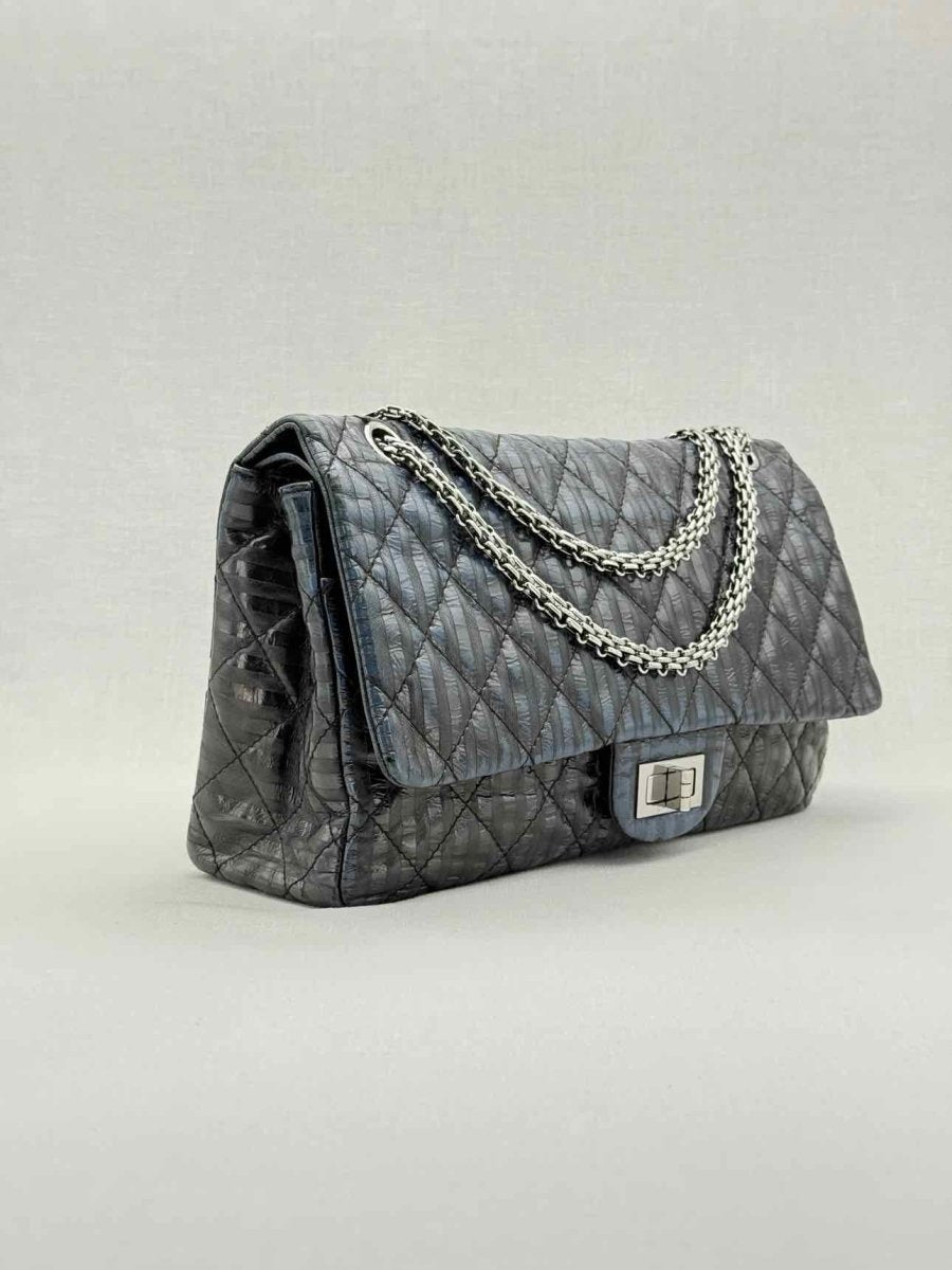 Pre - loved CHANEL Vintage 2.55 Size Maxi Quilted Midnight Blue Leather Shoulder Bag at Reems Closet