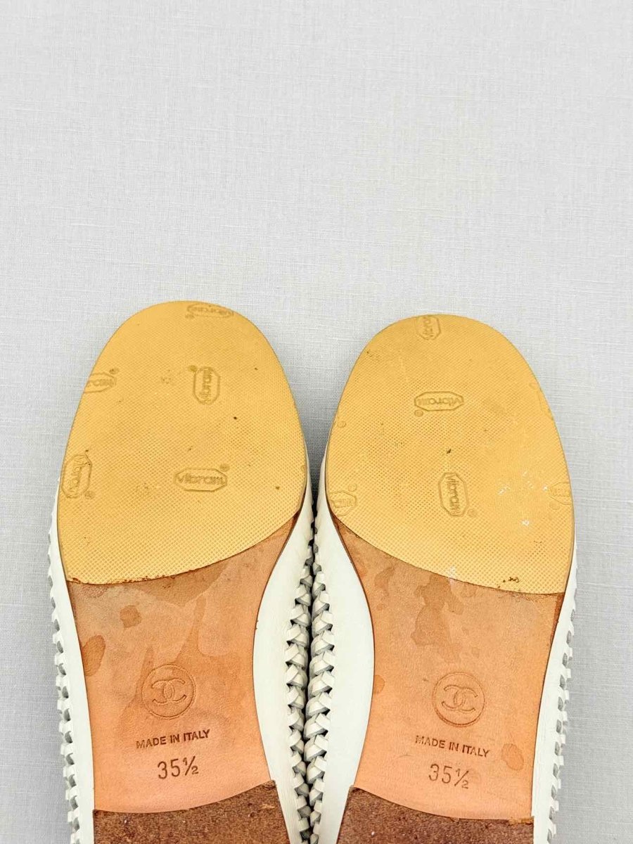 Pre - loved CHANEL White Woven Size EU 35.5 Loafers at Reems Closet