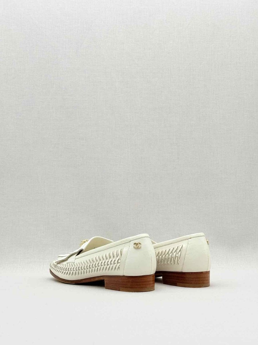 Pre - loved CHANEL White Woven Size EU 35.5 Loafers at Reems Closet