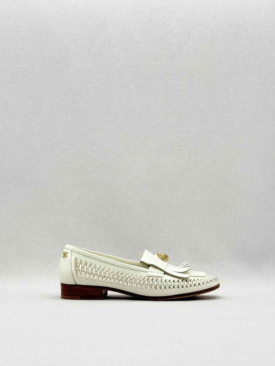 Pre - loved CHANEL White Woven Size EU 35.5 Loafers at Reems Closet