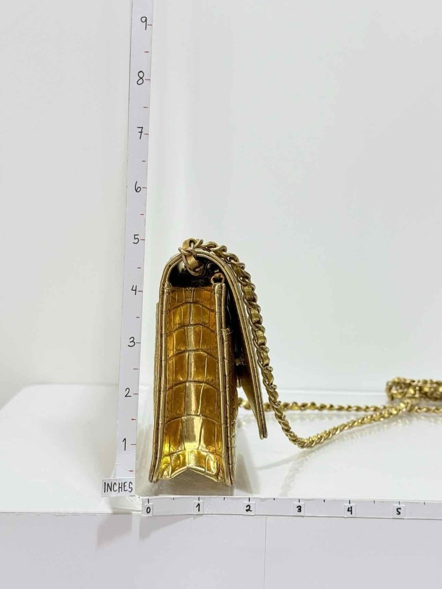 Pre-loved CHANEL WOC Metallic Gold Crocodile Embossed Crossbody at Reems Closet