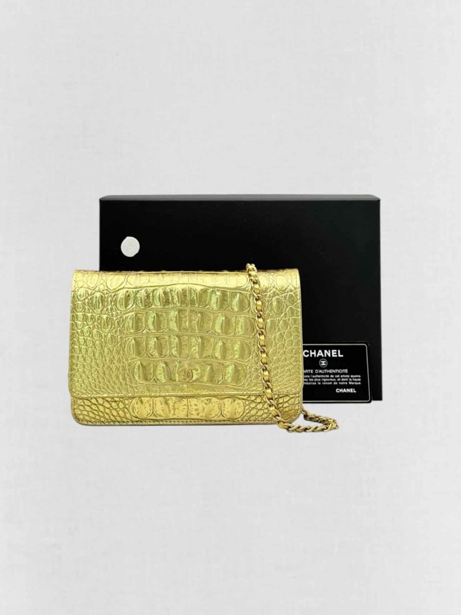 Pre-loved CHANEL WOC Metallic Gold Crocodile Embossed Crossbody at Reems Closet