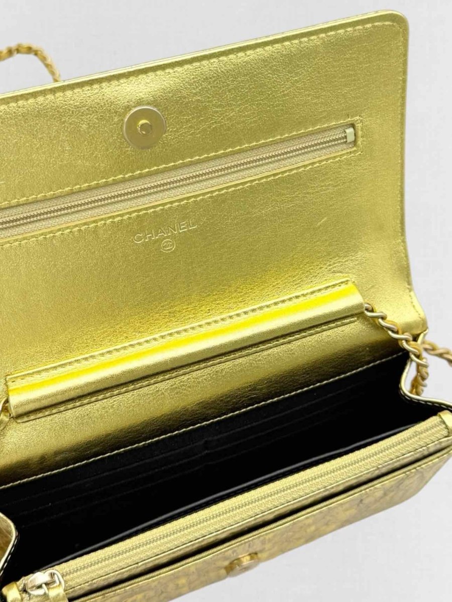 Pre-loved CHANEL WOC Metallic Gold Crocodile Embossed Crossbody at Reems Closet