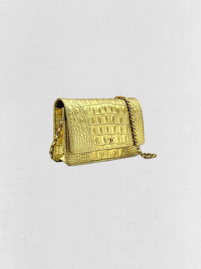 Pre-loved CHANEL WOC Metallic Gold Crocodile Embossed Crossbody at Reems Closet