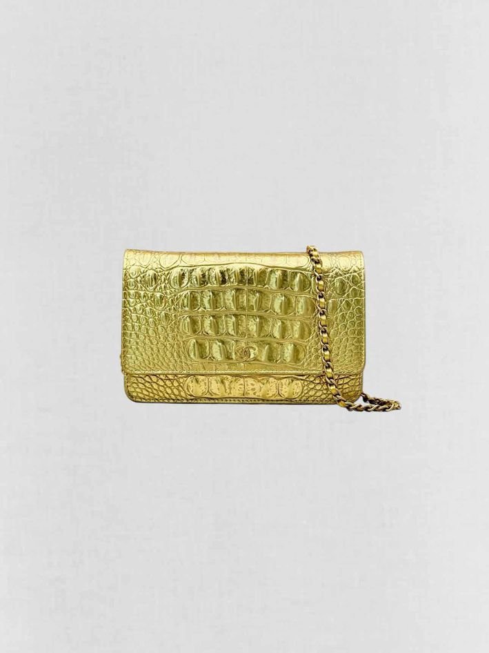 Pre-loved CHANEL WOC Metallic Gold Crocodile Embossed Crossbody at Reems Closet
