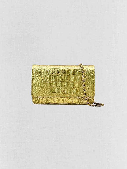 Pre-loved CHANEL WOC Metallic Gold Crocodile Embossed Crossbody at Reems Closet
